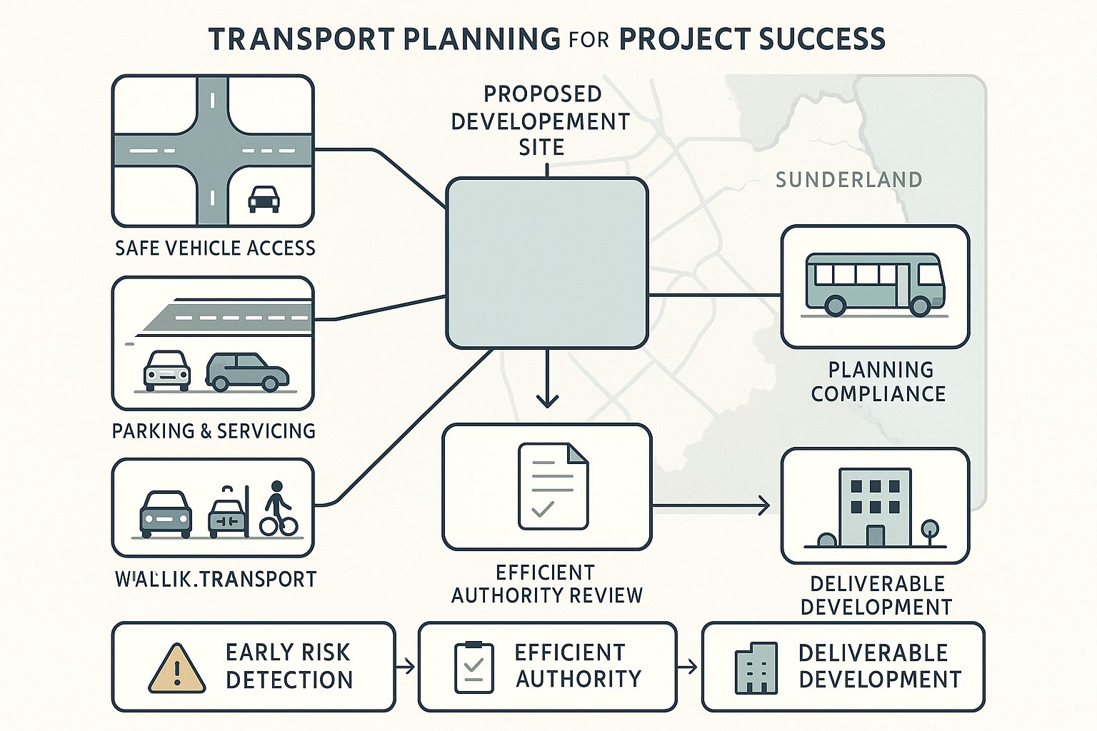 Infographic showing how transport planning shapes safe, workable development in Sunderland.