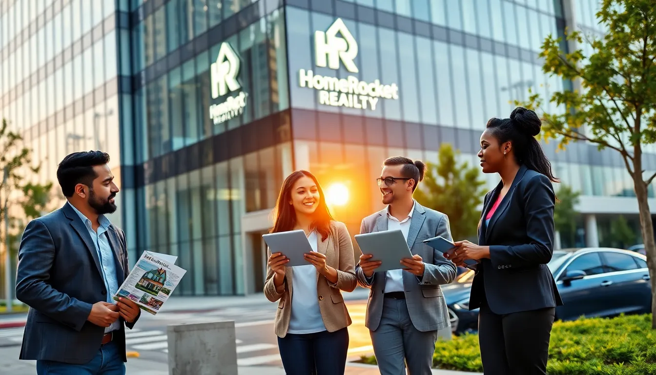 A diverse group discussing real estate outside HomeRocket Realty's modern office.