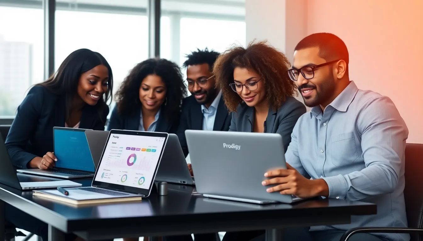 diverse team using Prodigy Accounting in a modern office.