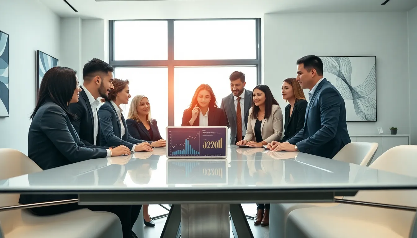 diverse professionals discussing numerical data in a modern office.