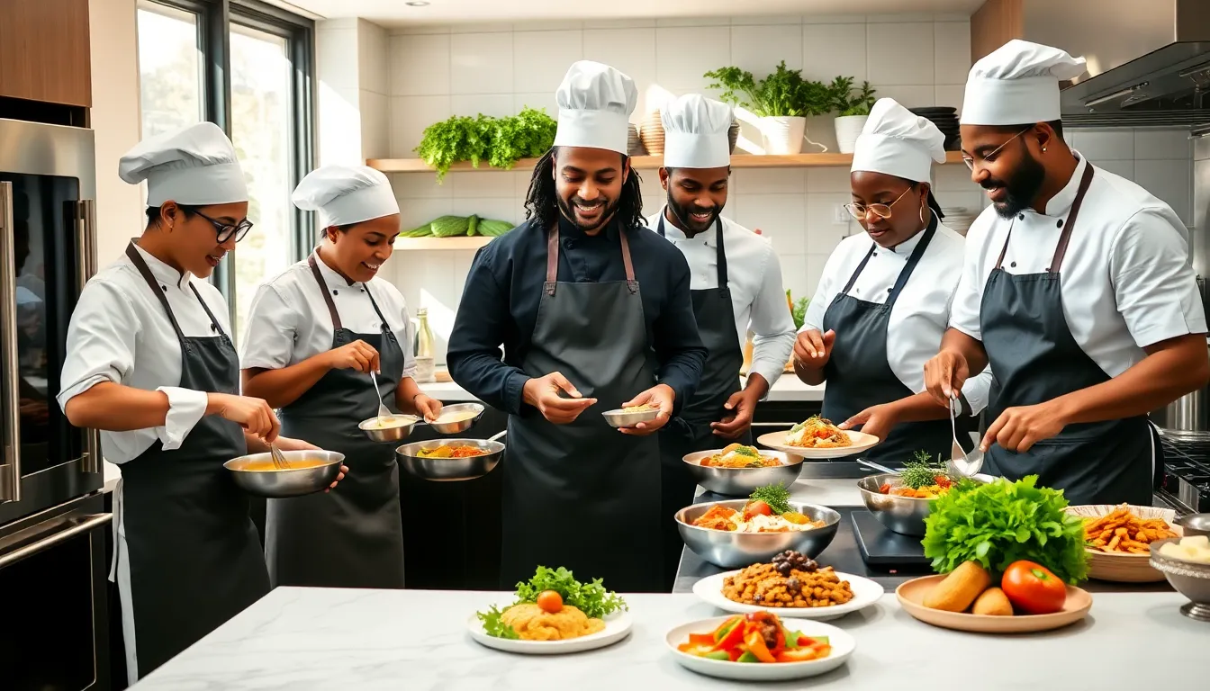 diverse chefs preparing dishes in a modern kitchen.