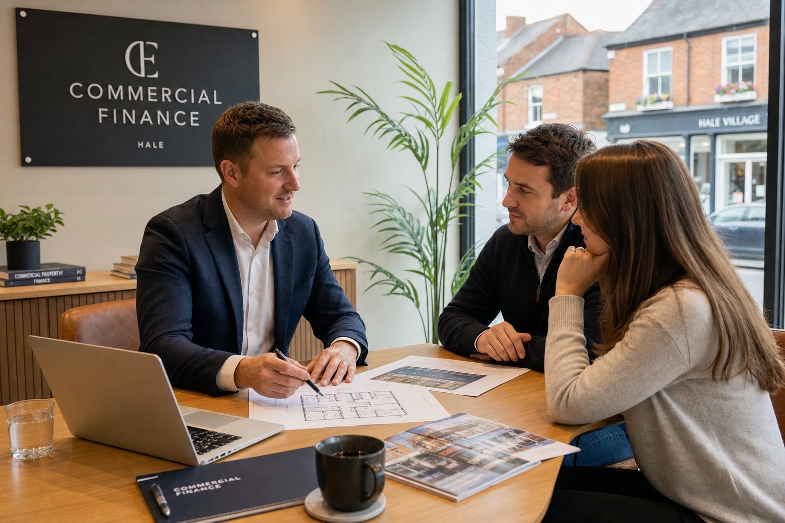 Professional commercial mortgage advisor meeting with business clients in a modern Hale office, reviewing property documents and finance plans in natural light.