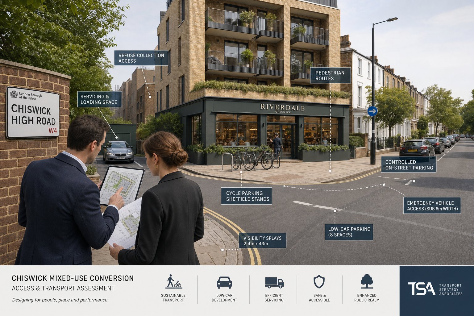 Traffic engineer reviewing access design for a mixed-use development in Chiswick.