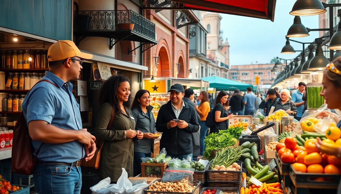 bustling market scene with diverse vendors and visitors.