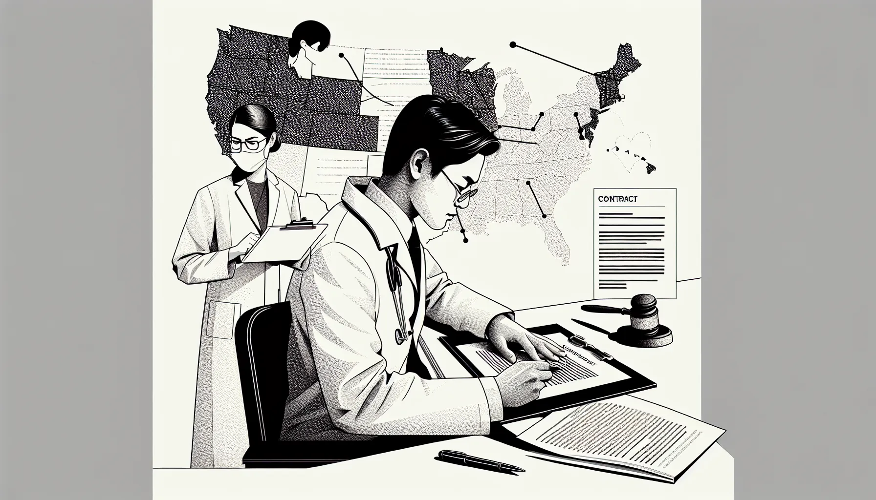 Dentist reviewing an employment contract with a lawyer and US map of Dentist Employment Contract Review.