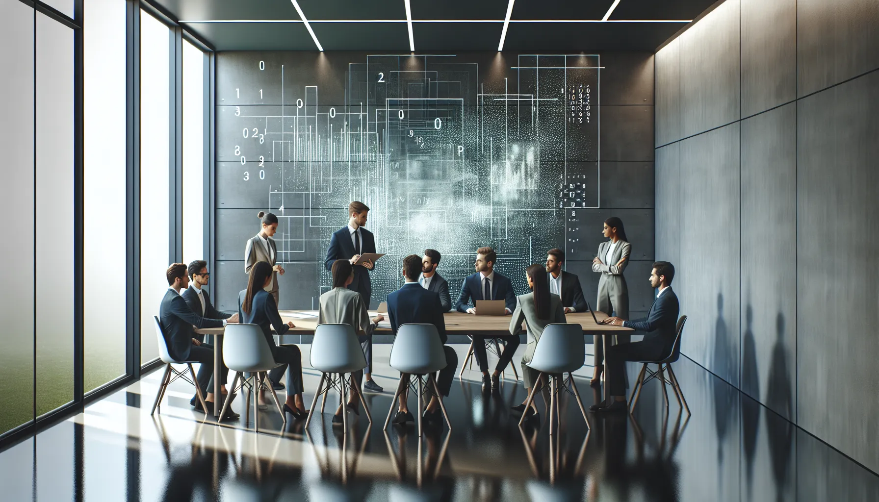 diverse professionals discussing numbers in a modern office.