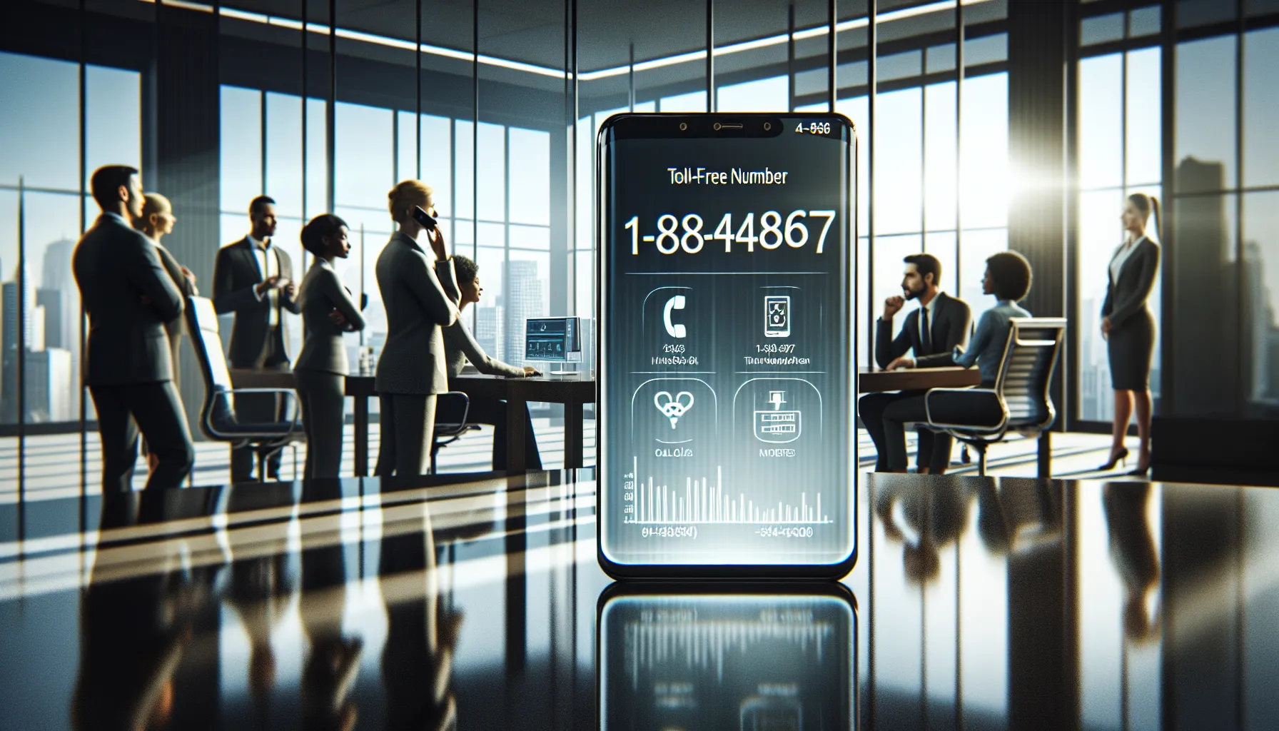 smartphone displaying toll-free number in a modern office.