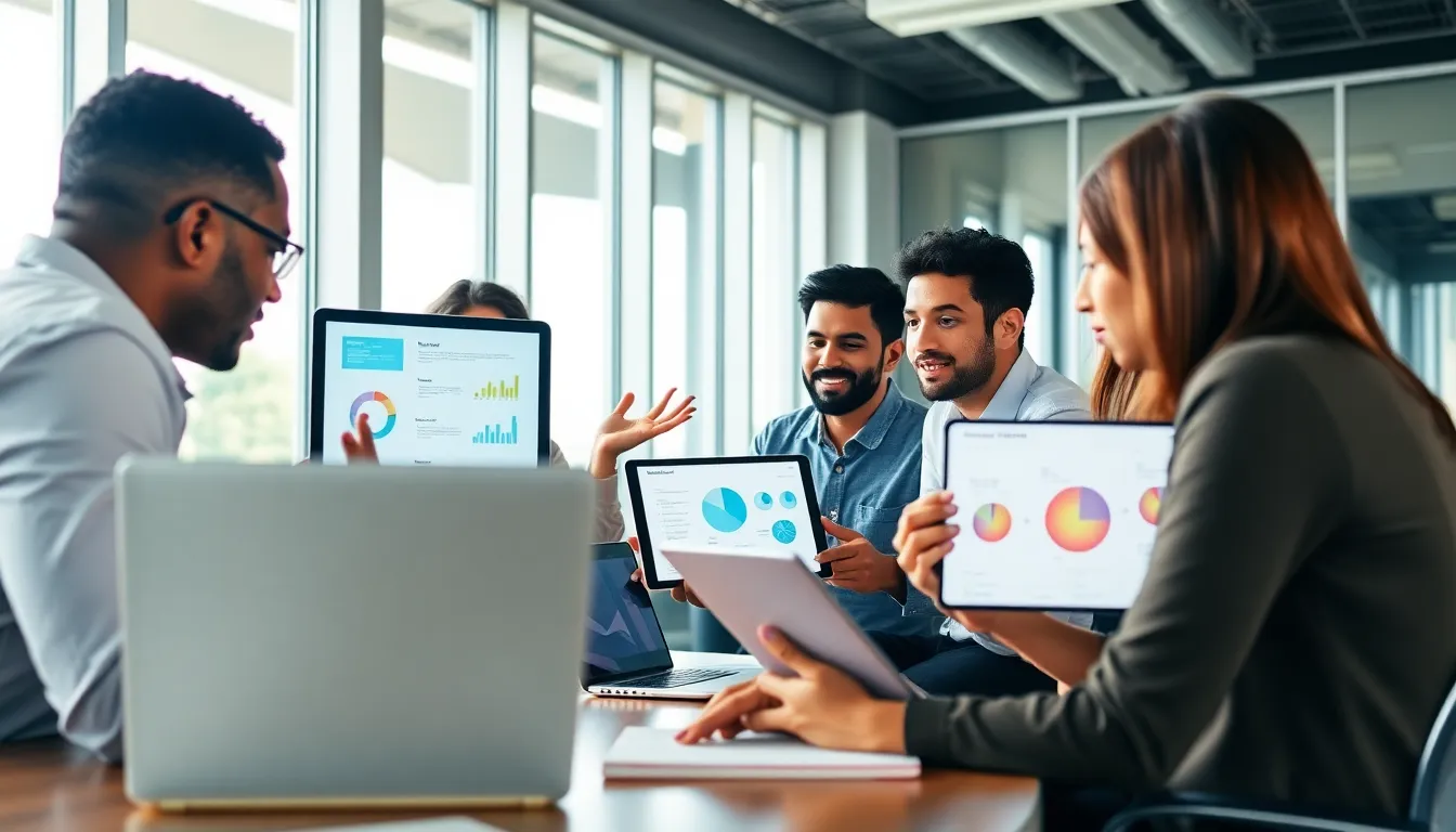 diverse professionals collaborating on energy technology in a modern office.