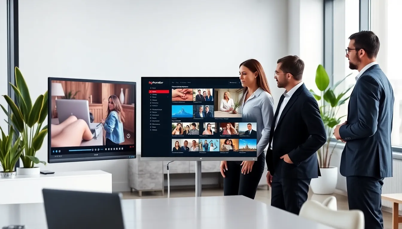 diverse professionals analyzing adult content platform in a modern office.