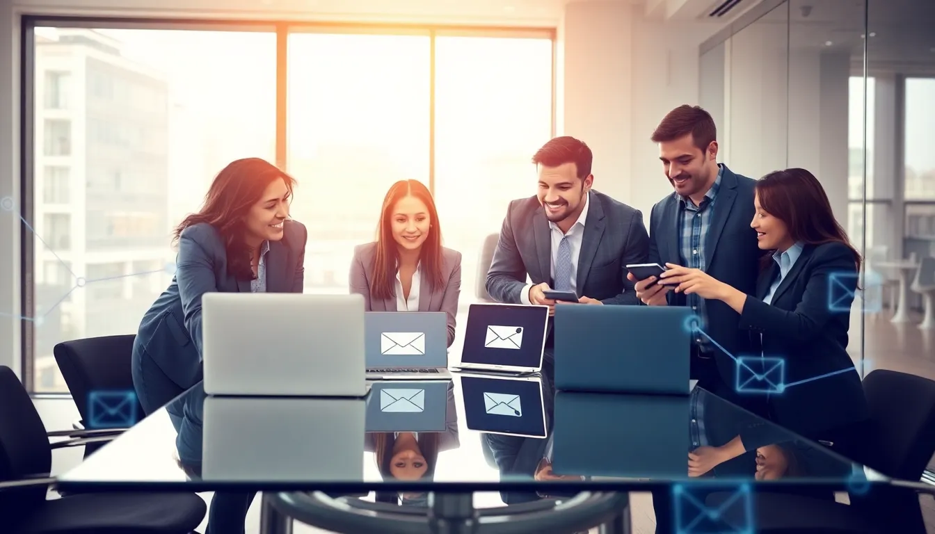 diverse professionals discussing email strategies in a gaming office.