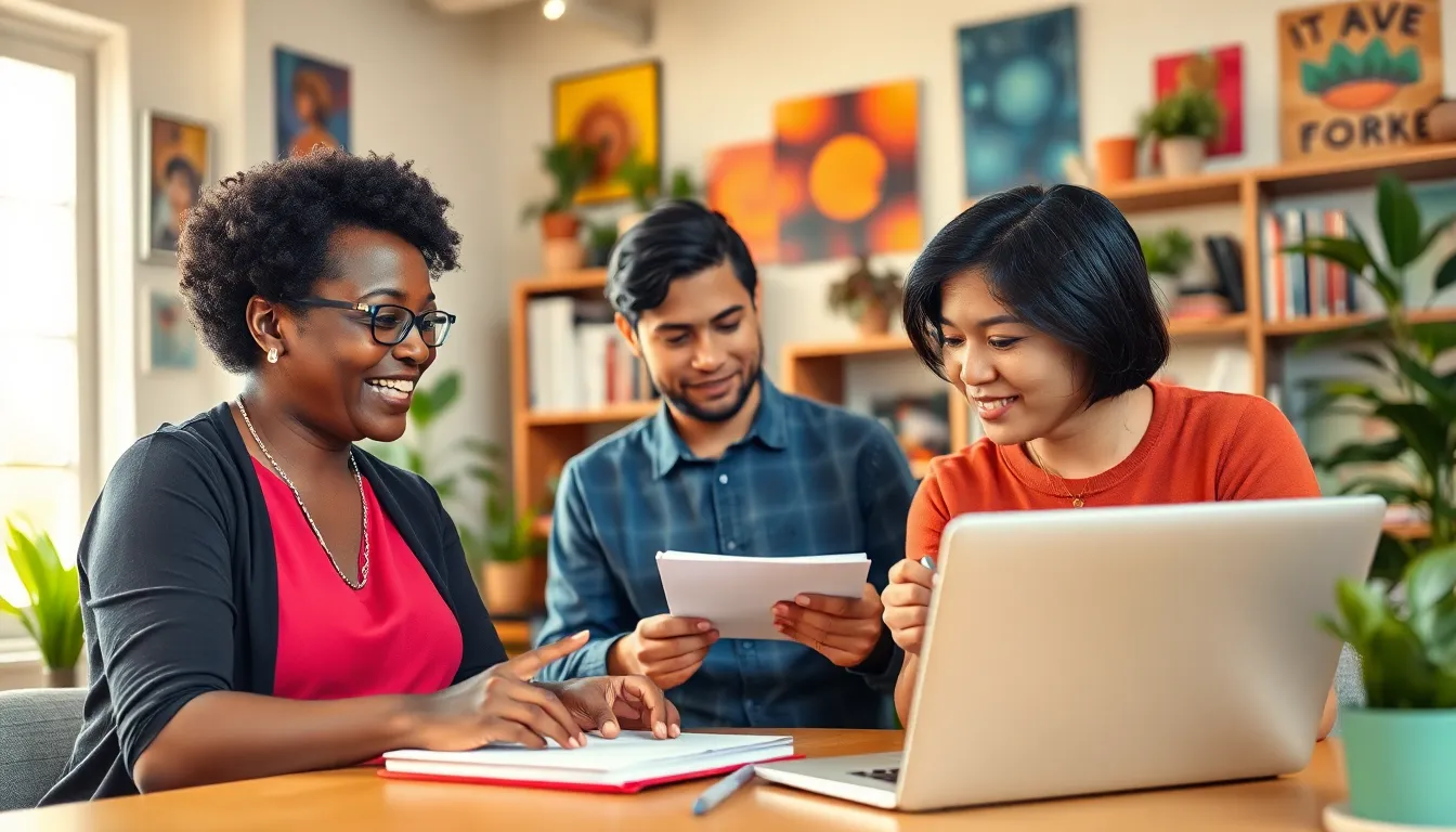 a diverse group of people collaborating in a creative workspace.