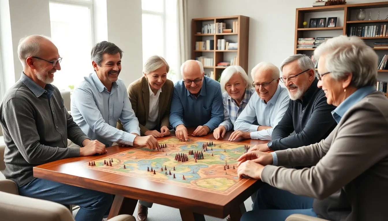 older adults enjoying a war game in a modern setting.