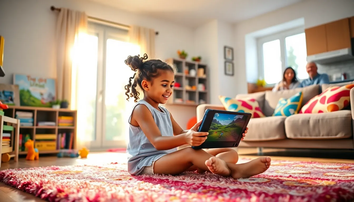 a girl playing an educational video game in a bright living room.