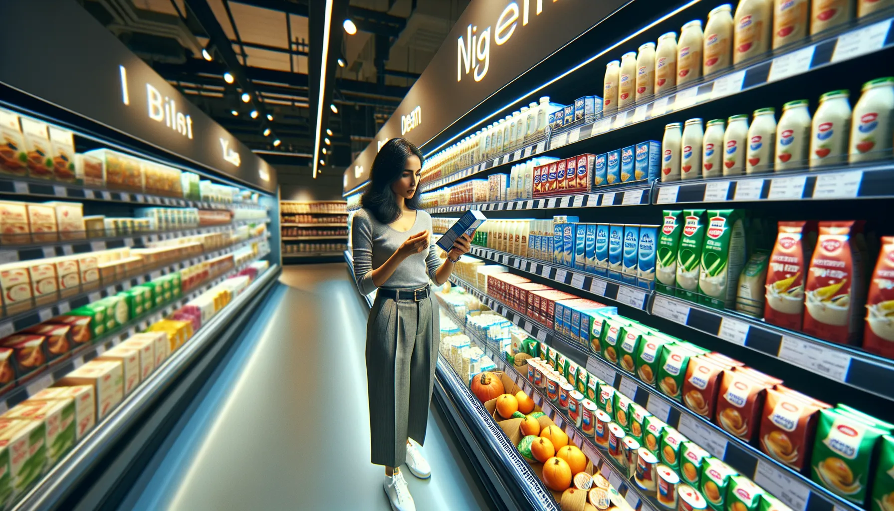shopper examining food labels in a grocery store aisle.
