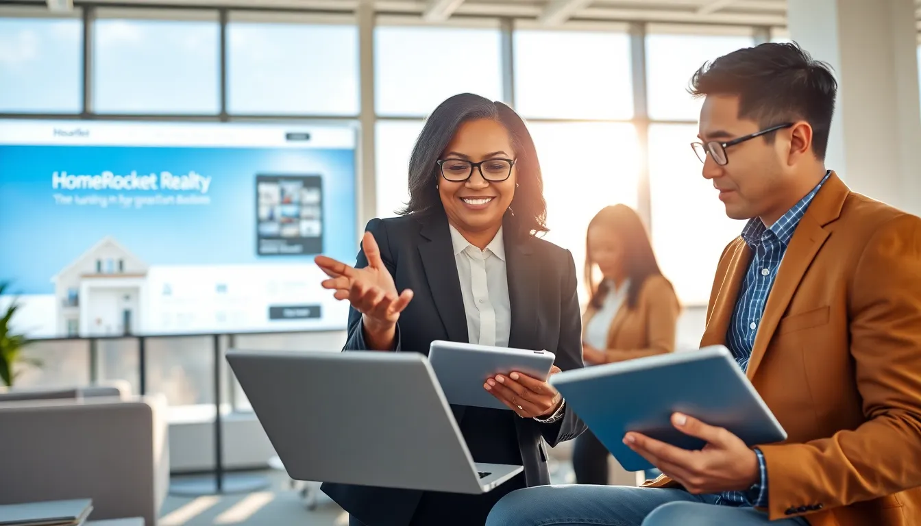 a diverse real estate team collaborating in a modern office, showcasing innovative technology.