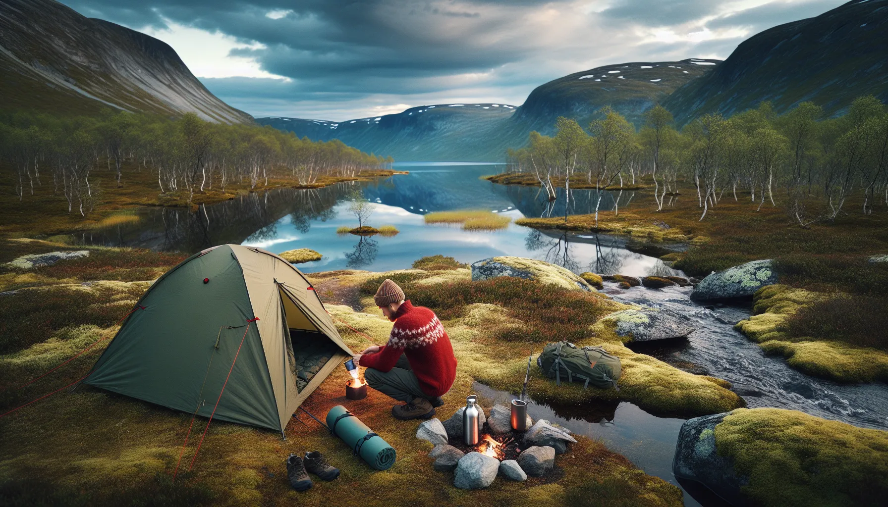 Solo camper with tent by a quiet norwegian mountain lake in untouched wilderness.