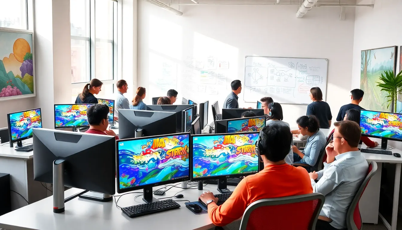 diverse team collaborating in a bright, modern gaming studio.