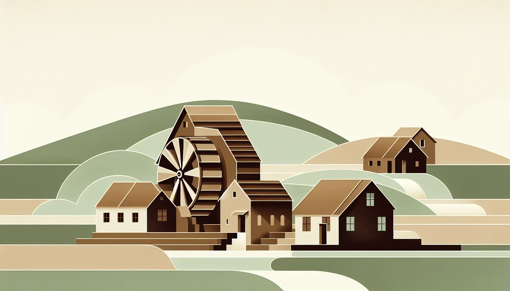 Traditional watermill in Croatian village with rolling hills and rural landscape
