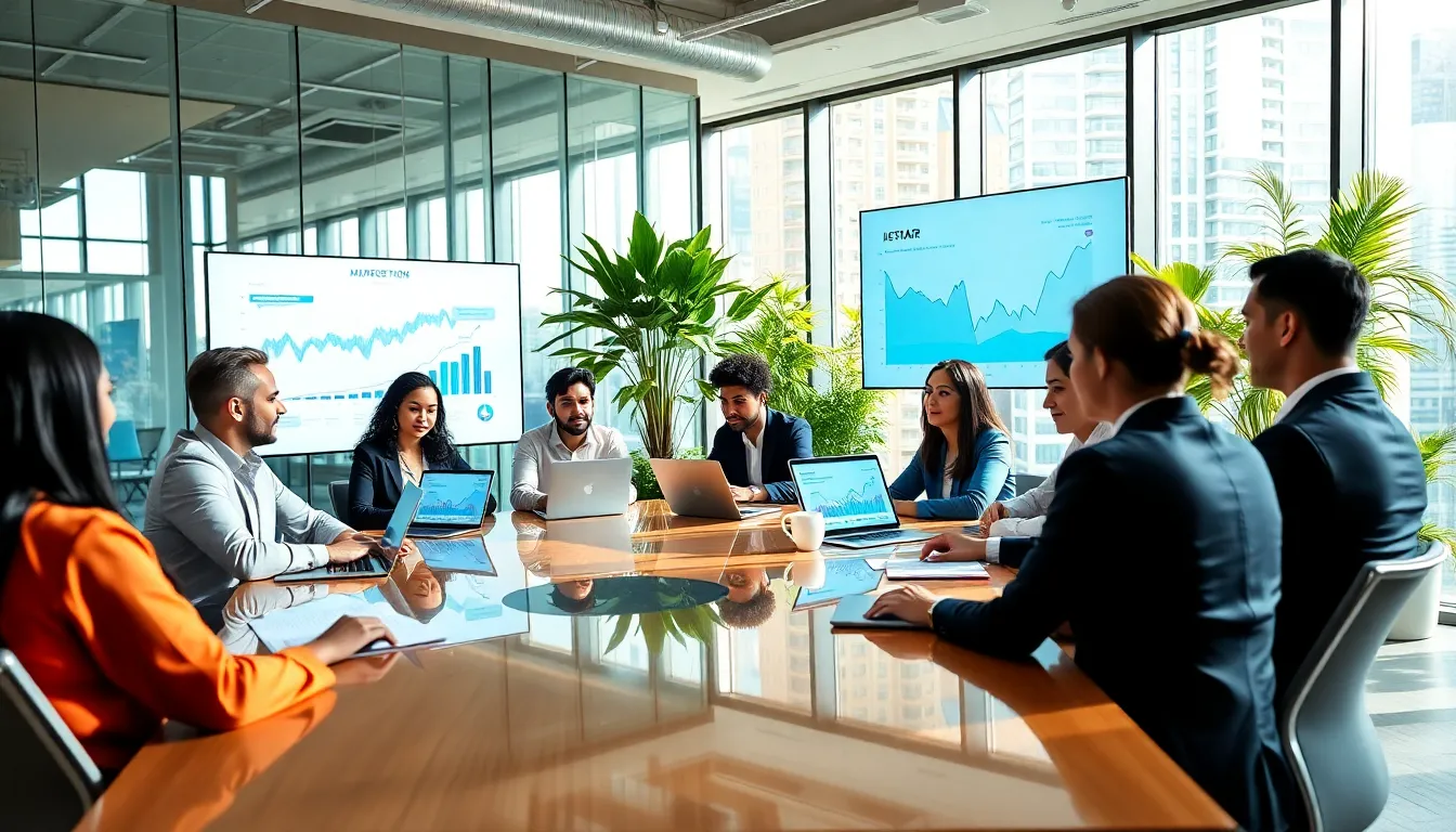diverse team discussing digital marketing strategies in a modern office.