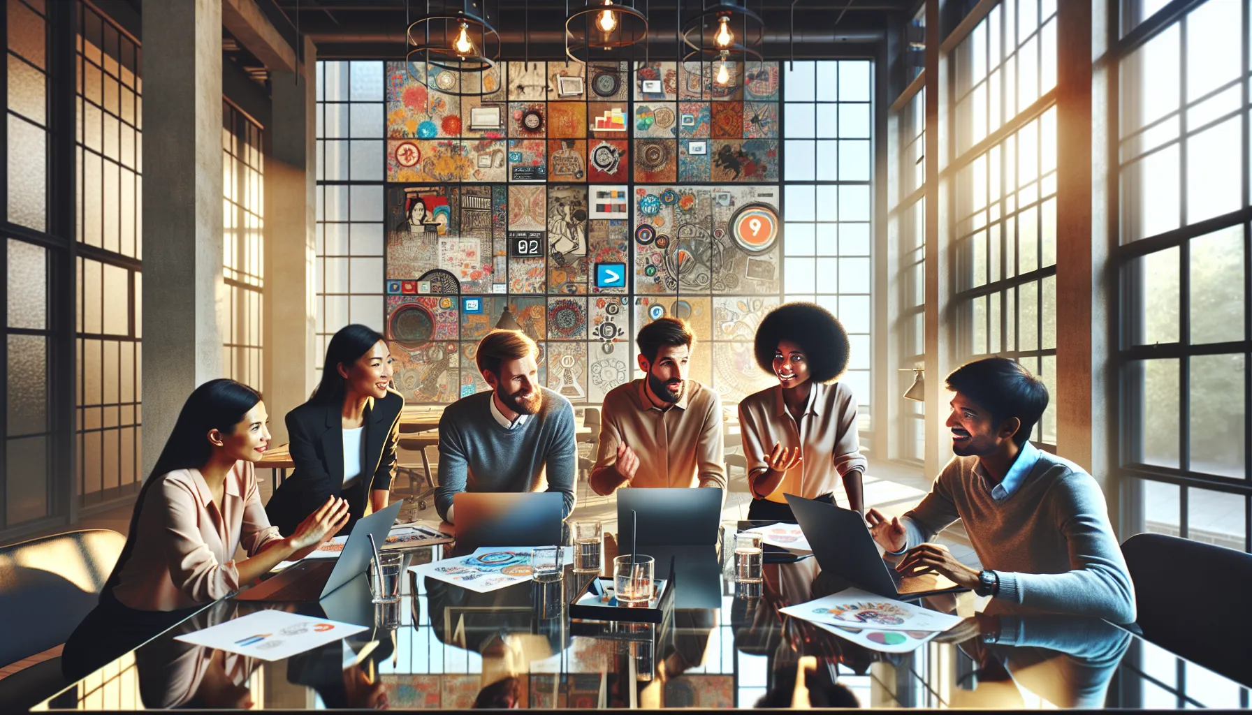 diverse team discussing online platforms in a modern office