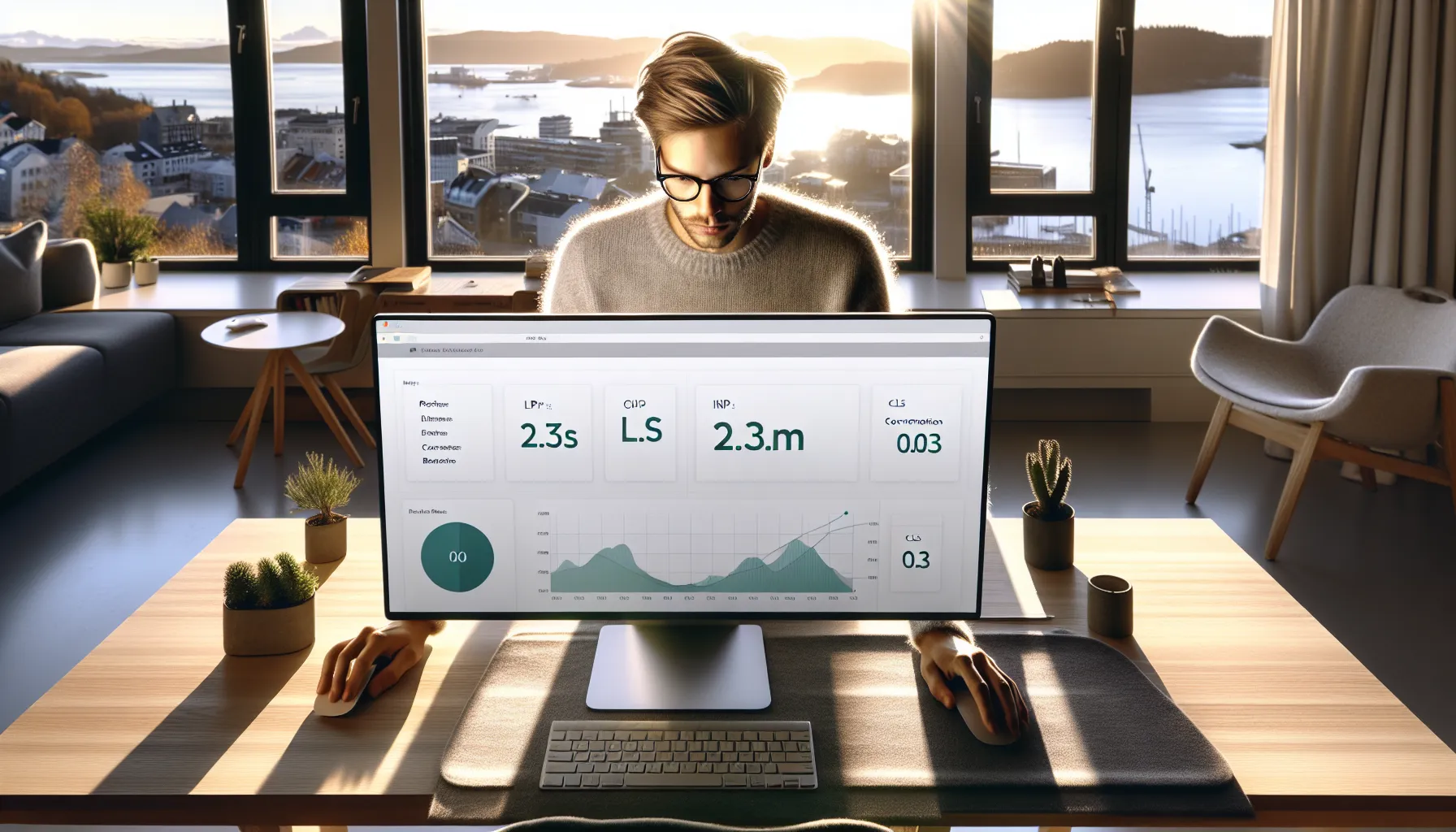 Norwegian developer reviews LCP, INP, and CLS metrics on a dashboard.