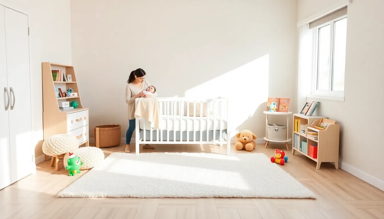 parents interacting with their newborn in a cozy nursery.