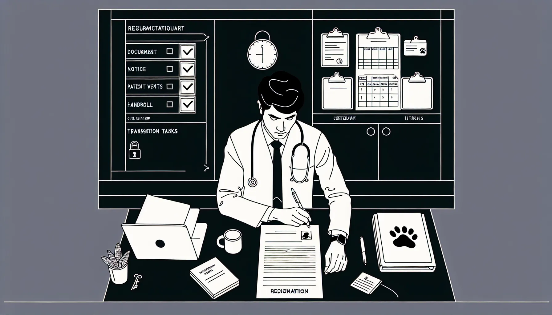 Vet at desk signing resignation with folders, timeline, and locked records icon.