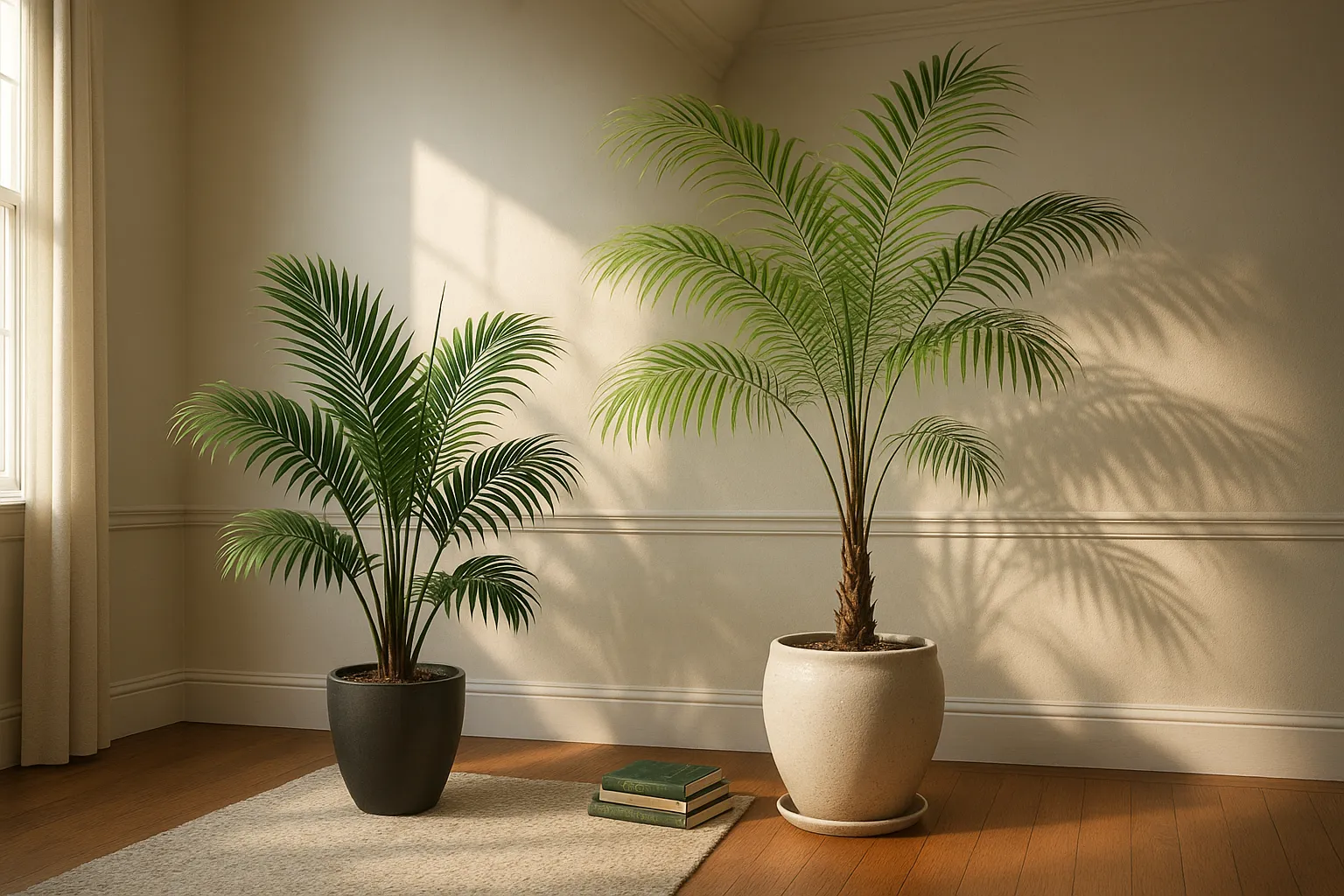 Majesty palm tall and feathery beside a shorter, structured Kentia palm indoors.
