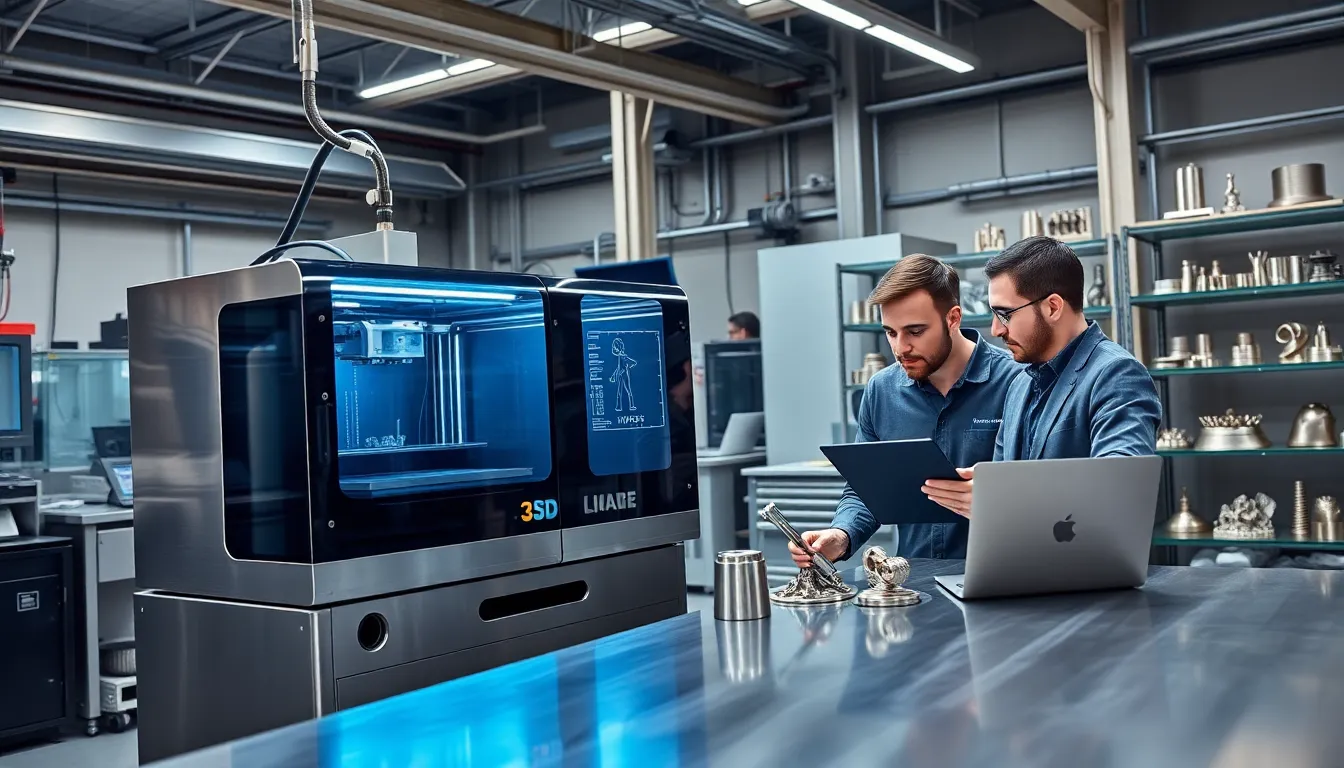 engineers collaborating in a modern workspace on stainless steel 3D printing.