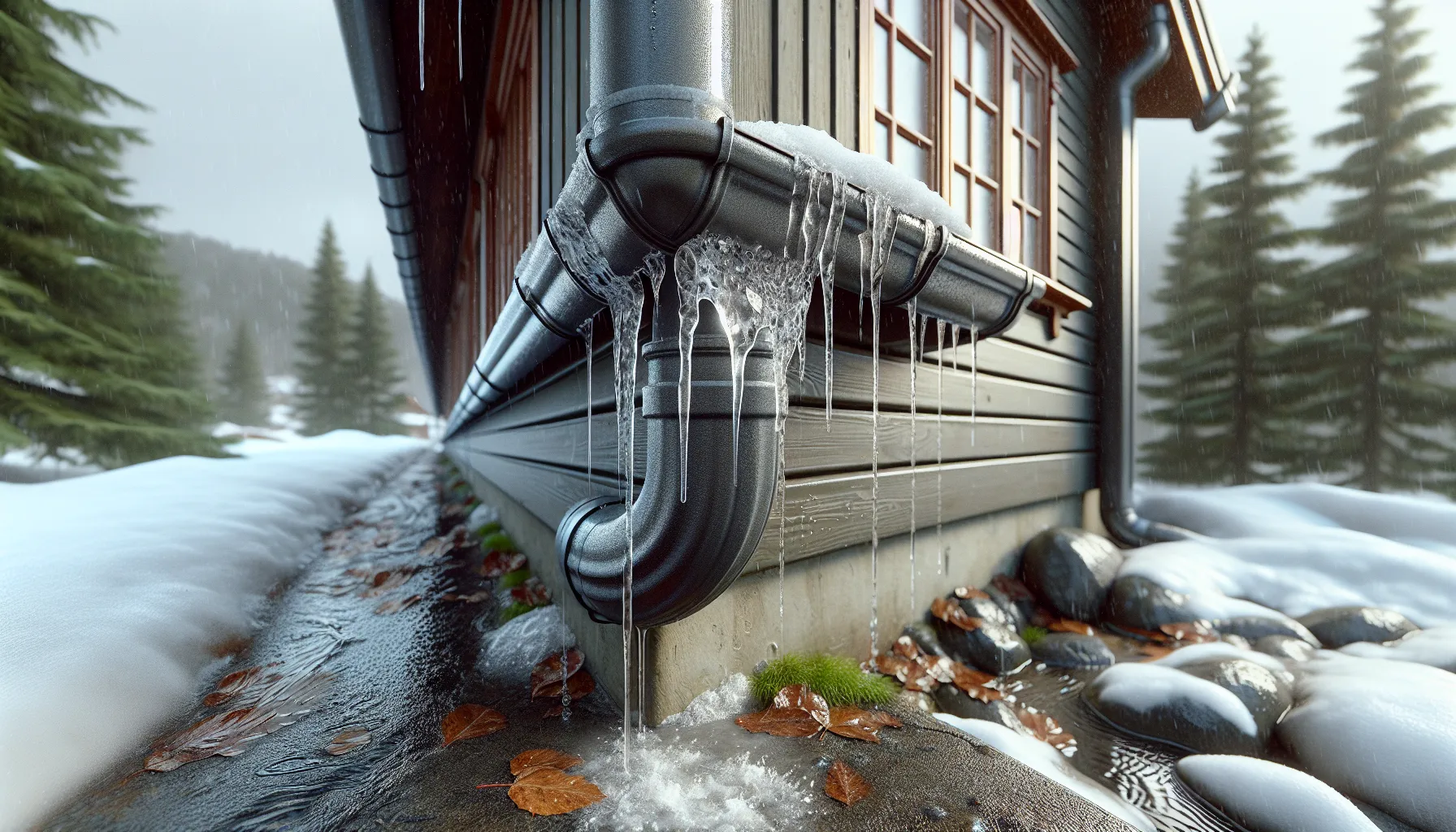 Overflowing gutter with slush and ice on a norwegian house in rain.