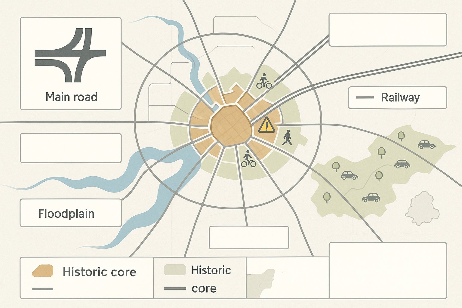 Infographic map showing Carlisle transport constraints, key routes, rail, floodplain, and rural travel patterns.