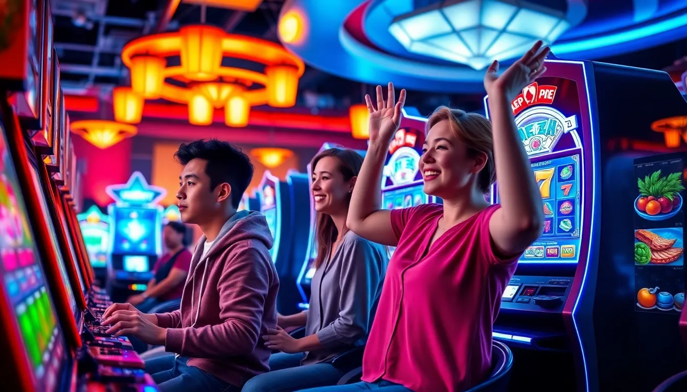 a diverse group of players enjoying a gamified online slot machine experience.