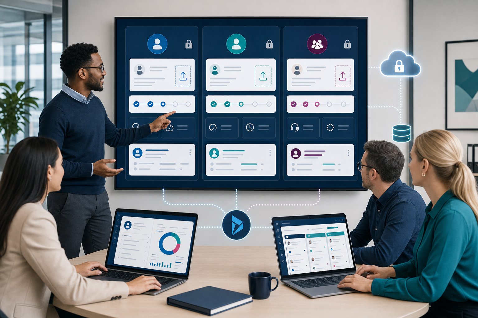 Professionals reviewing a secure personalised web portal dashboard.