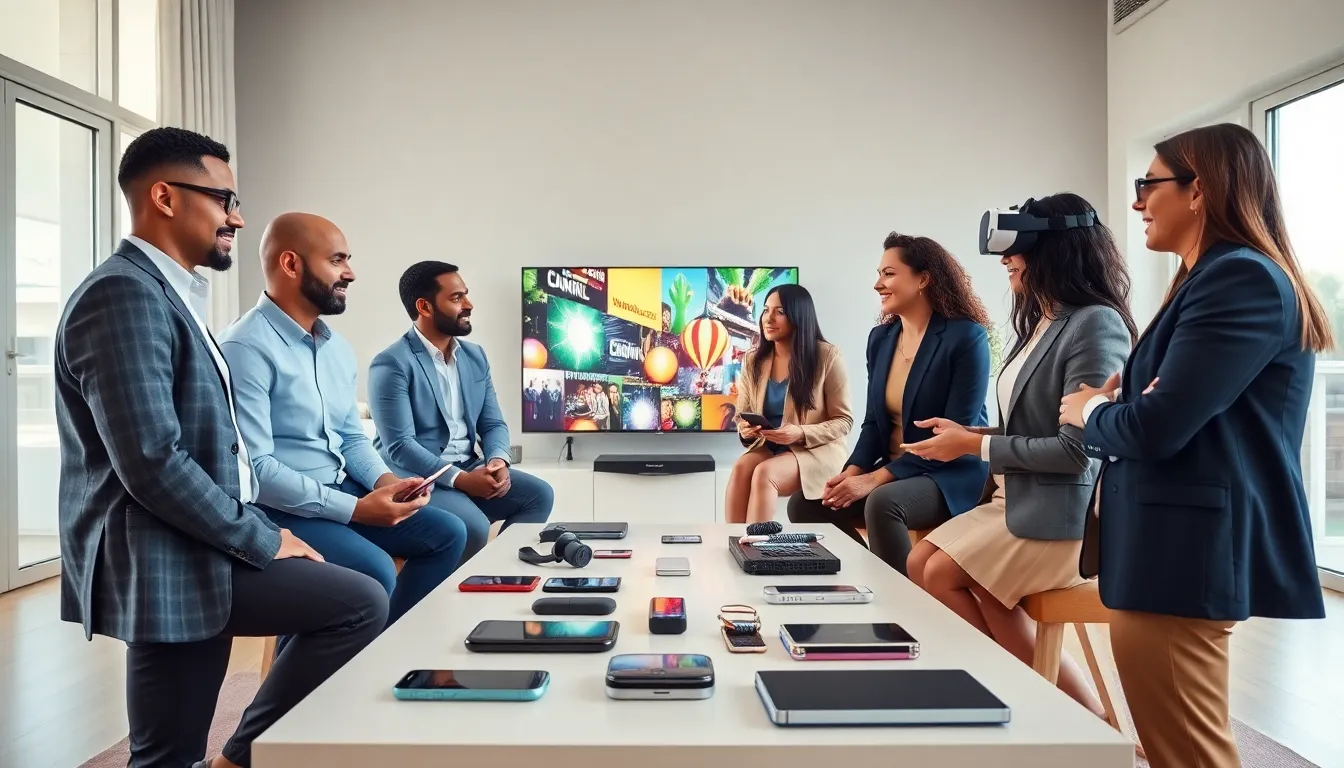 group discussing various consumer electronics in a modern living room.