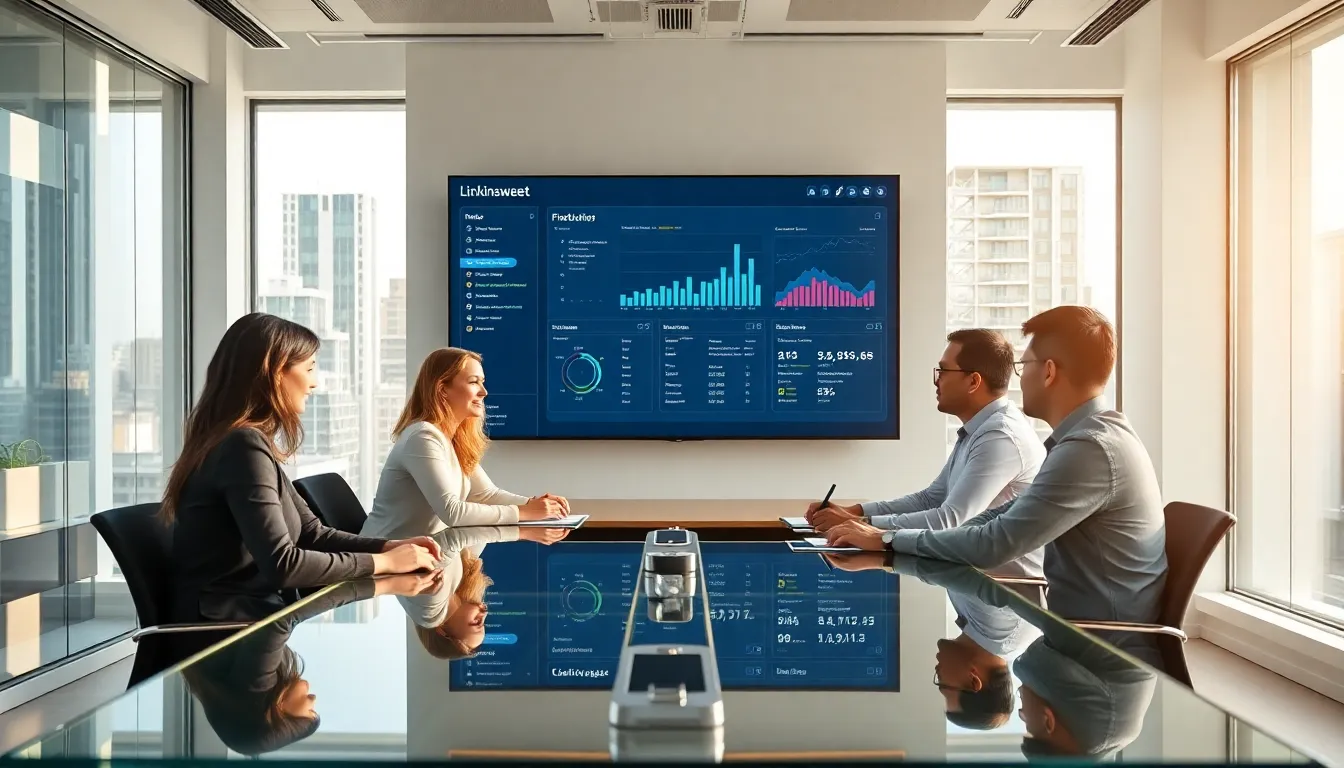 diverse professionals using Linkinsweeet link management tool in a modern office.