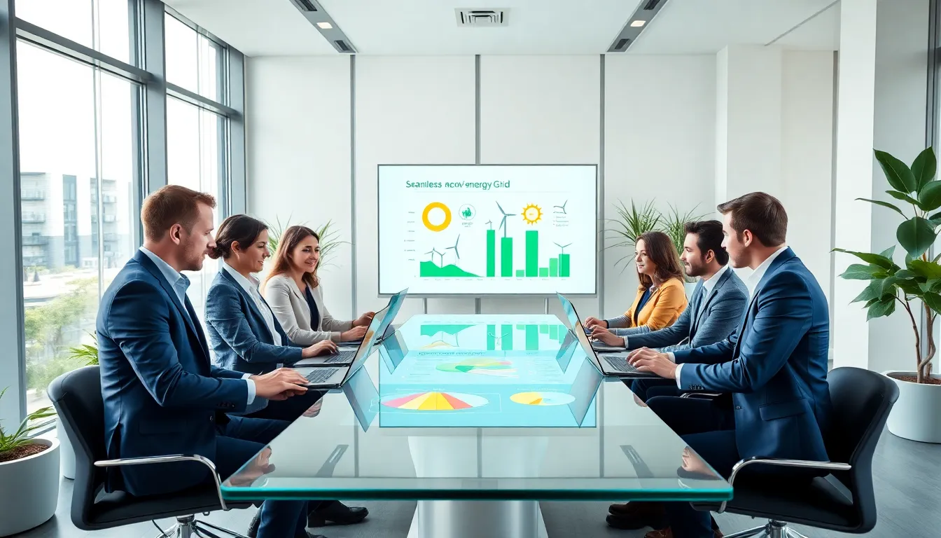 diverse team discussing renewable energy in a modern office.