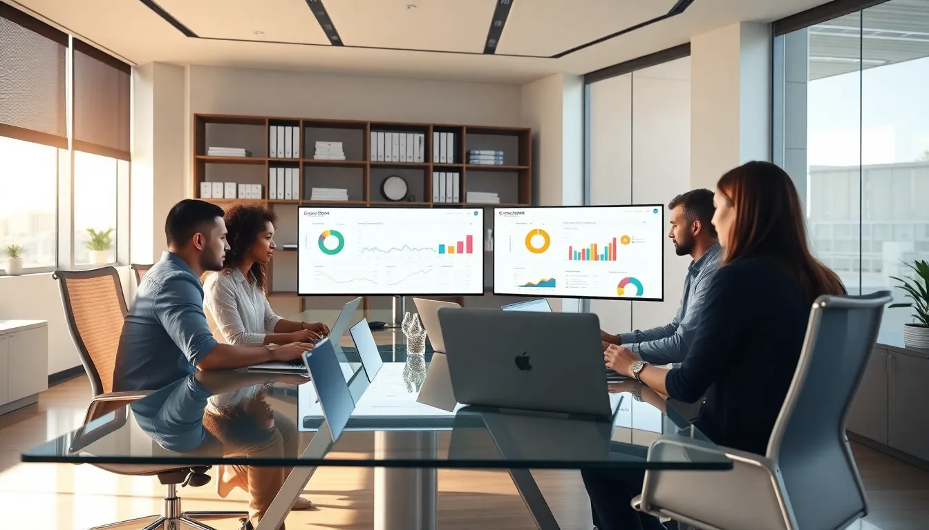 diverse team collaborating on administrative software in a modern office.