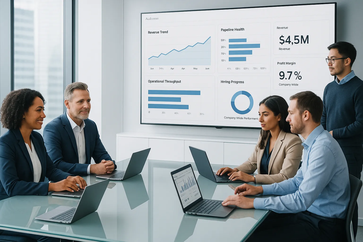 Enterprise team reviewing KPI dashboards in a modern office.