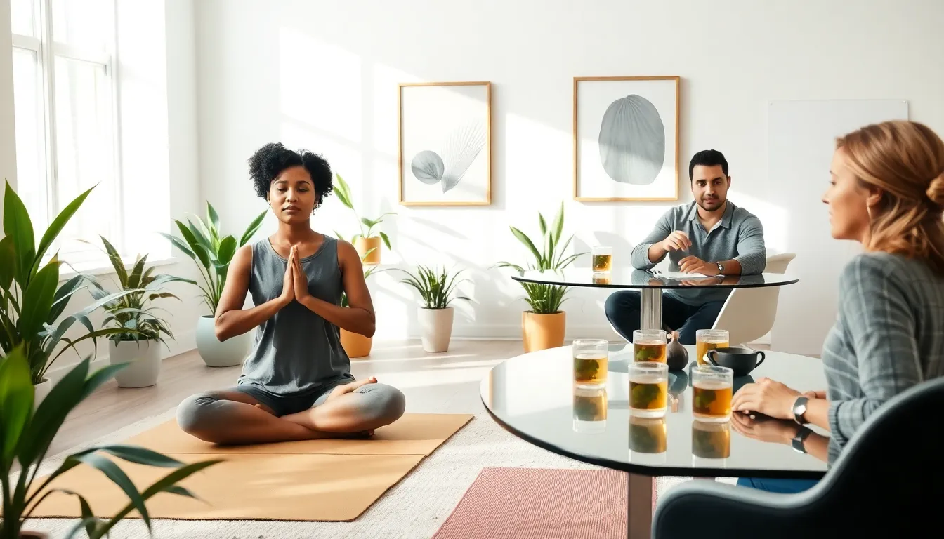 diverse individuals practicing wellness and mindfulness in a modern workspace.