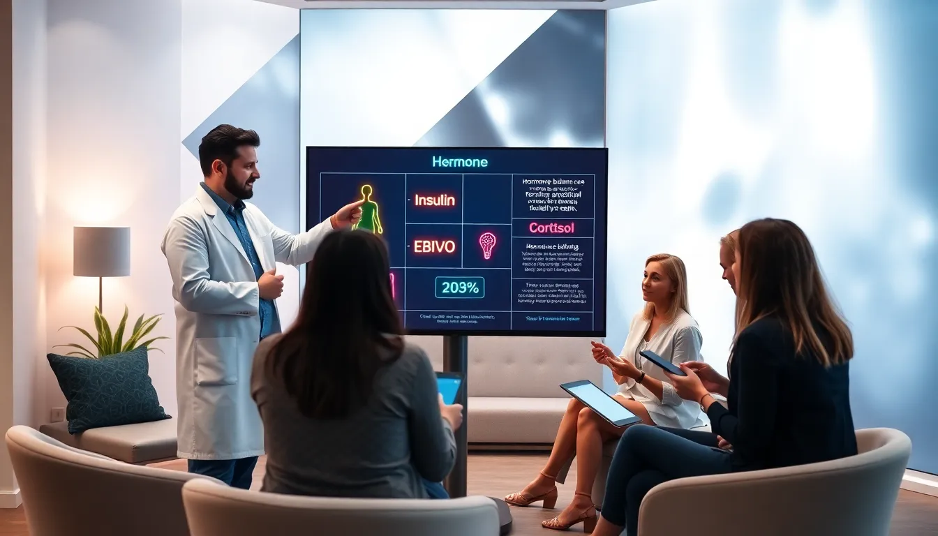 diverse professionals discussing hormones in a modern wellness studio.