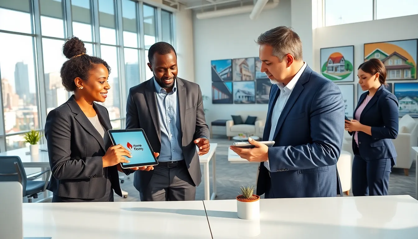 A diverse group discussing real estate in a modern office with skyline views.