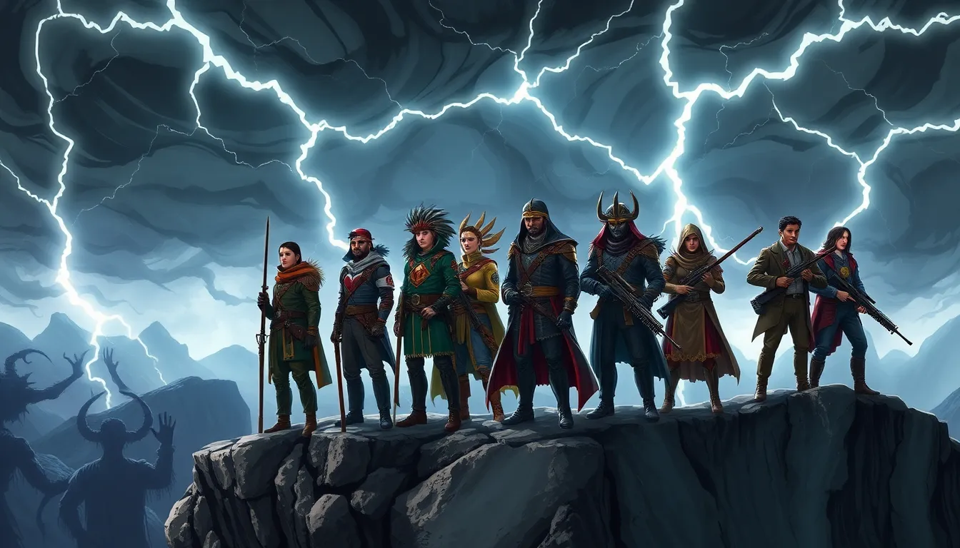 diverse daemon hunters preparing for battle on a rocky cliff.