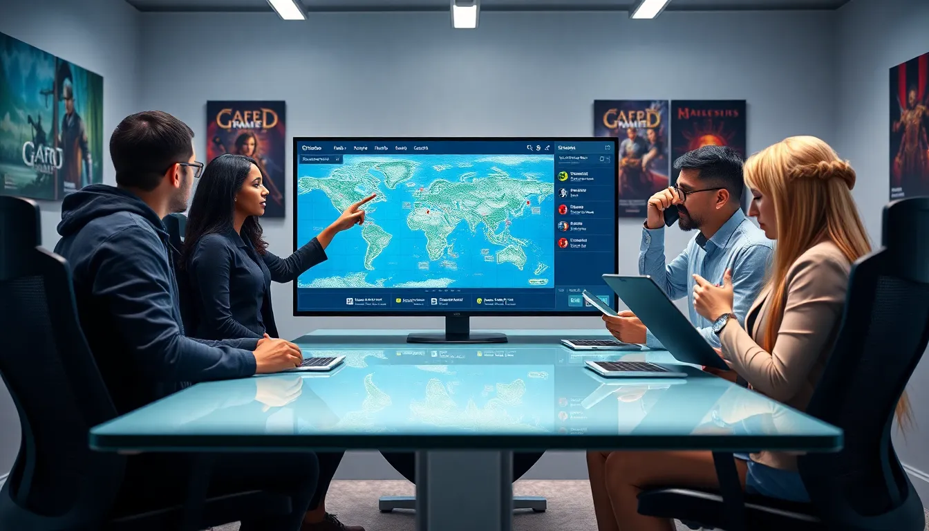 team strategizing over a game in a modern workspace.