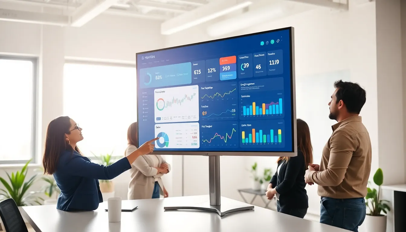 professionals analyzing a modern SaaS dashboard in a bright office.