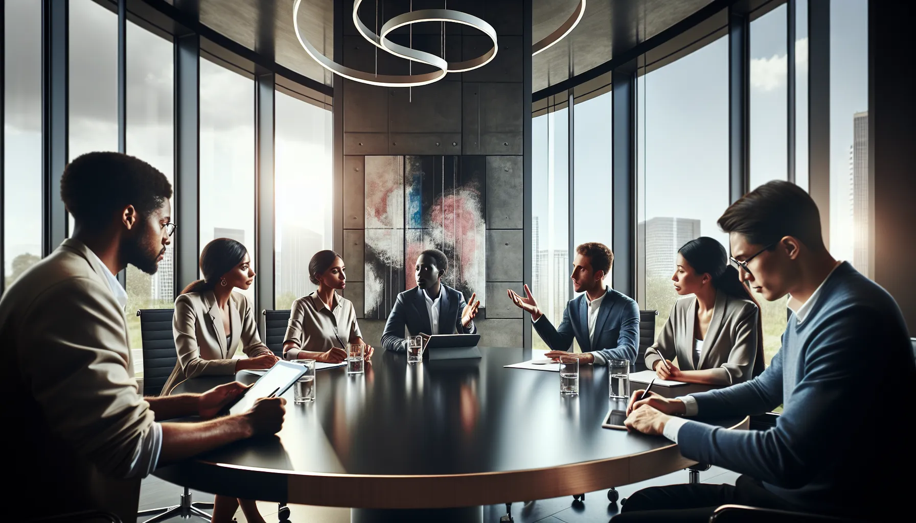 diverse professionals discussing cultural critiques in a modern conference room.