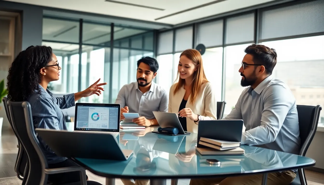 diverse professionals collaborating in a modern office setting.