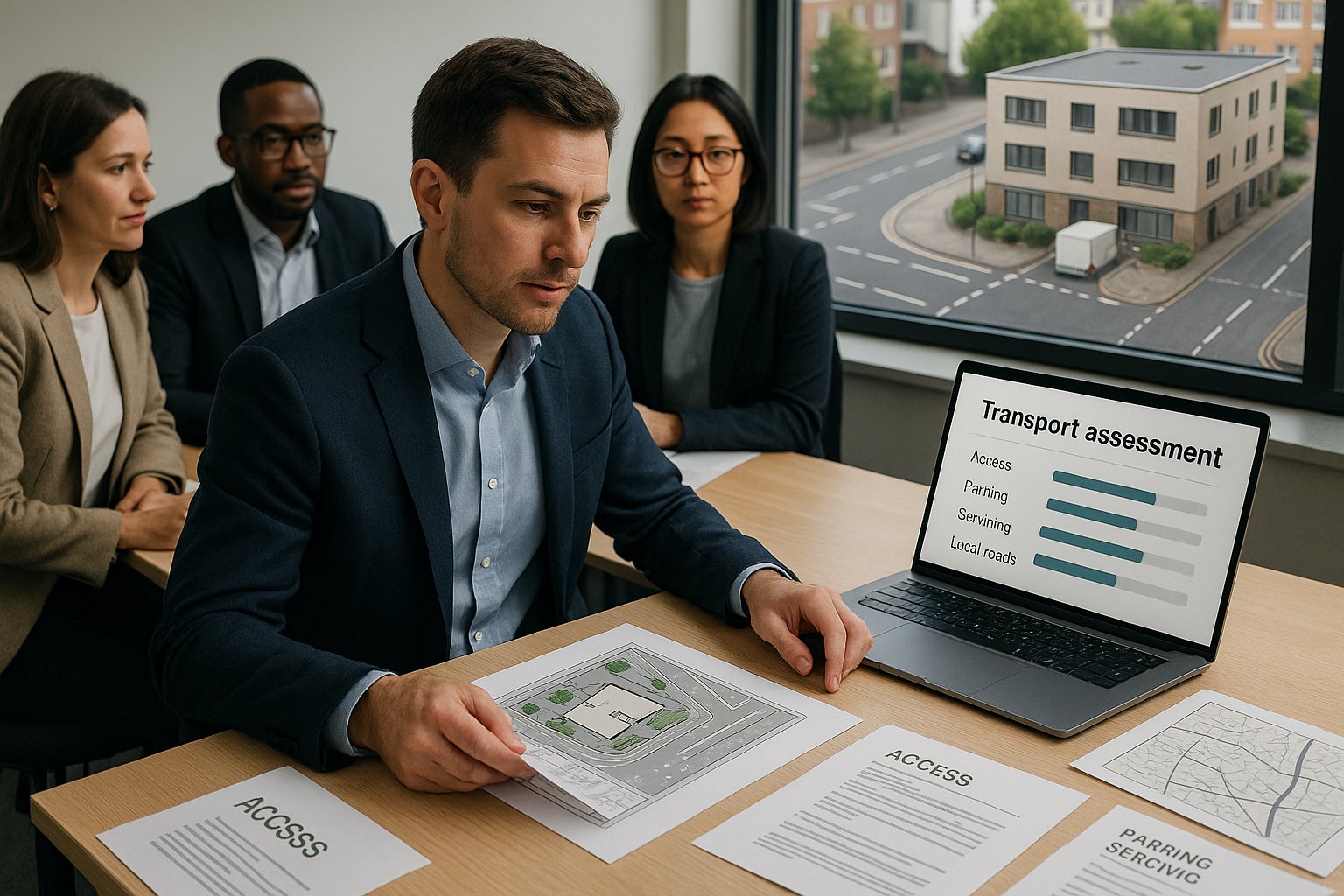 Consultant reviewing transport plans for a UK development project.