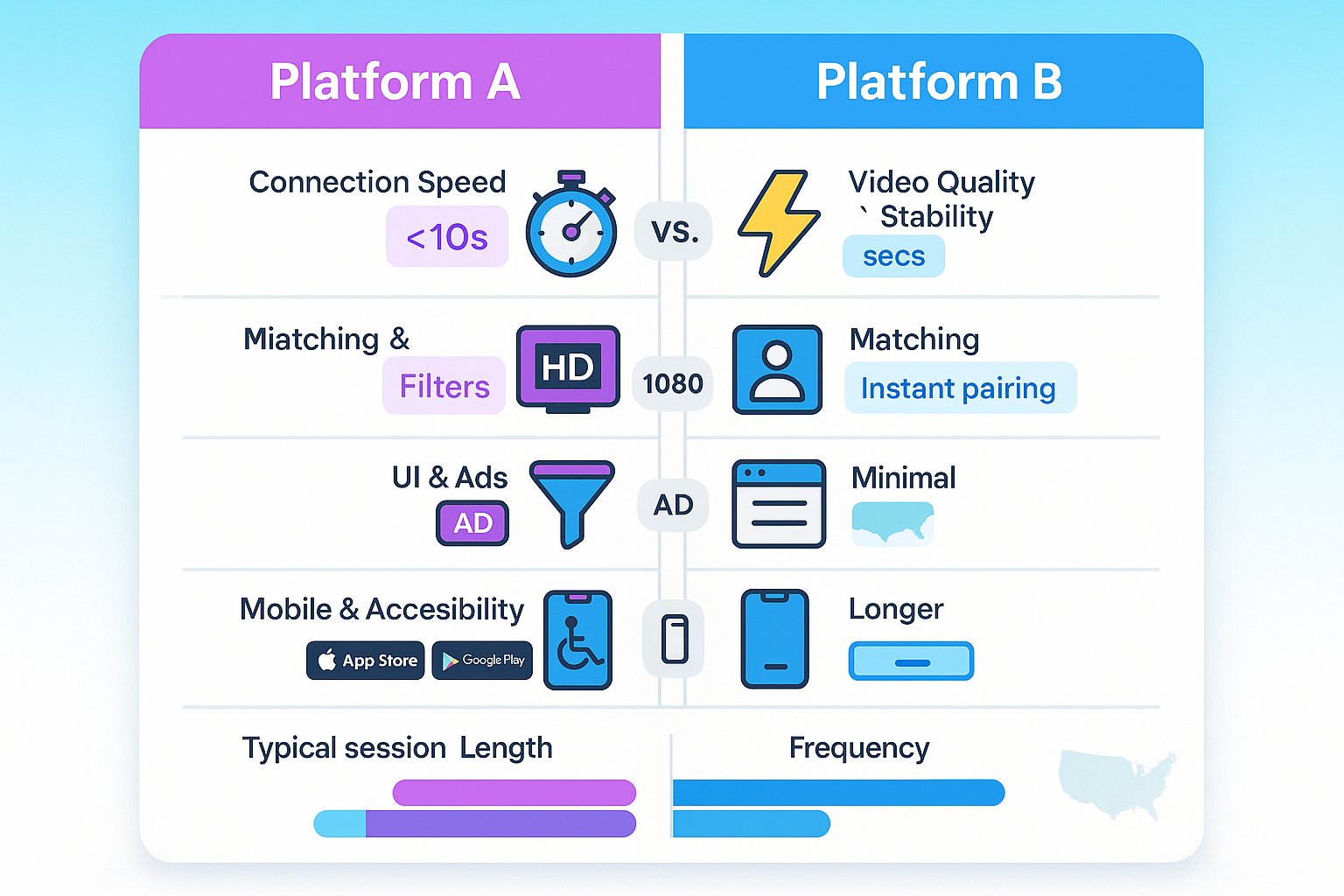 Side-by-side infographic comparing two video chat platforms on speed, quality, and mobile.