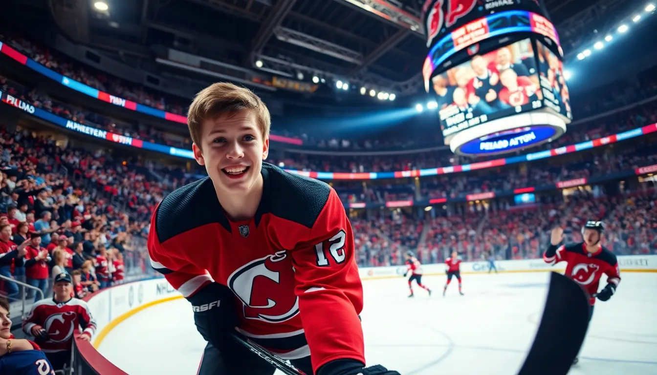 Jack Hughes in action during an NHL game in a lively arena.