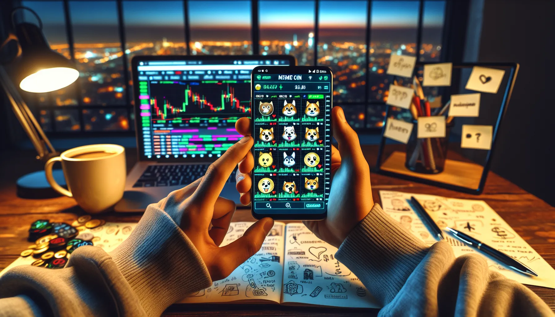 Meme Coins: Internet Culture Meets Crypto 1 Hands holding smartphone displaying colorful meme coin trading app with charts and mascots.